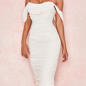 IVORY RUCHED DRAPED CHIFFON DRESS